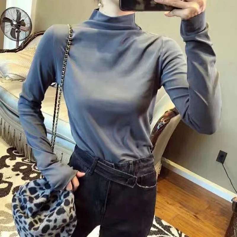 Basic Colorful Turtleneck T shirts Women 2019 Spring Long Sleeve Casual Solid Cotton Tshirt Female Plus Size With Velvet