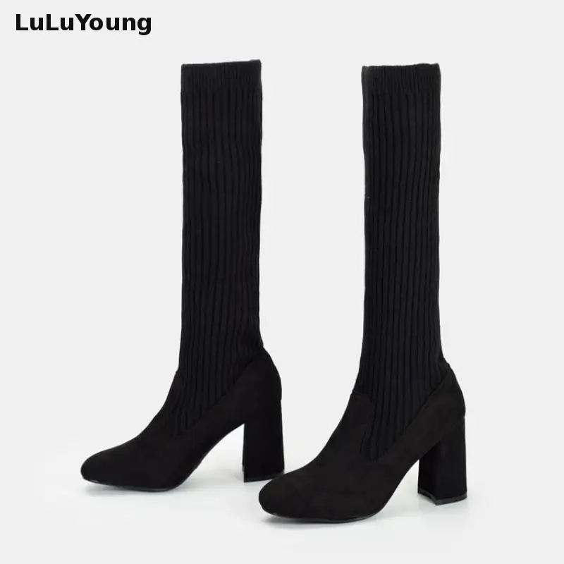 

Women Knitting Knee-high Slip-on Basic Round Toe Block Heel Spring/autumn Elastic Socks Boots Round Head High Heel Booties