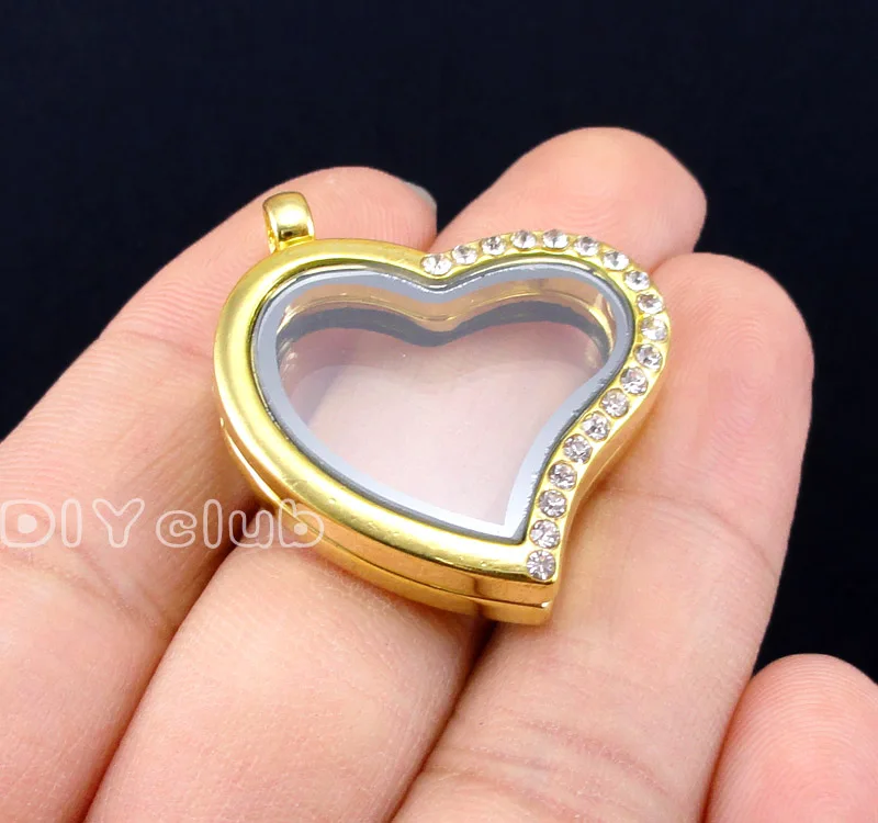 2pcs Gold Heart Shape Floating Locket with Rhinestone, Glass locket
