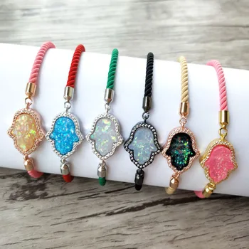 

5pcs Mix Color Cotton Adjustable hand Bracelet,Opal Stone palm shaped charm connector Double Bails Bracelets BG179