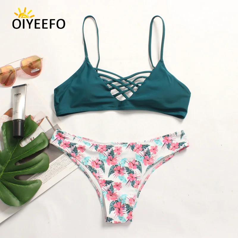Oiyeefo Green Top and Floral Bikini Set Mix and Match Swimsuit Plus
