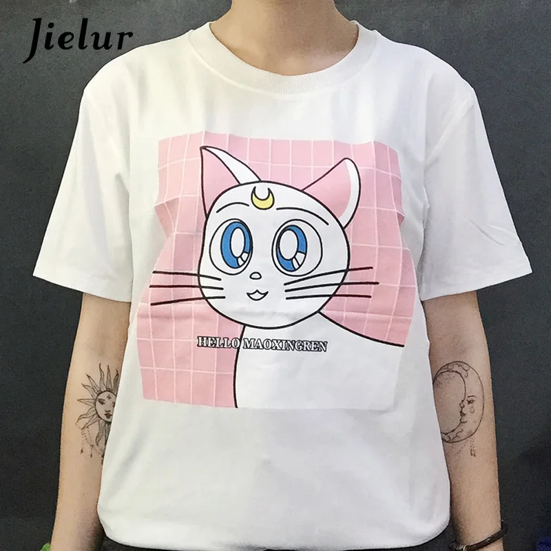 

Jielur Kawaii Cartoon Cat Letters Print All-match T-shirts Summer Korean Sweet Girls T Shirt Fresh Black White Chic S-XL Tee Top