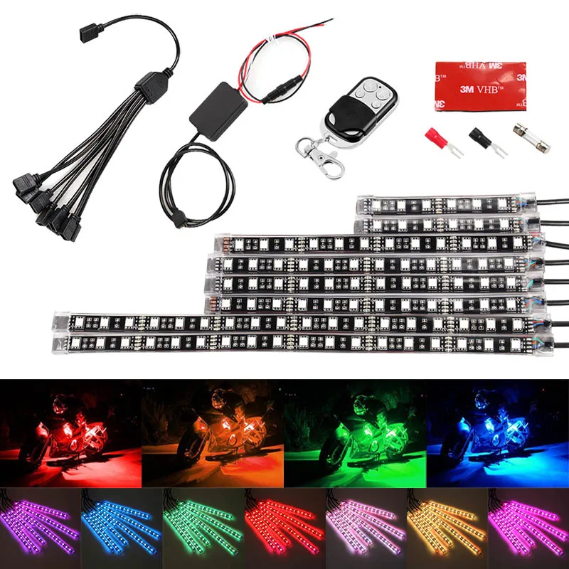 

New Motorcycle Car Multi-Color LED Light Kit 8pcs Strips Glow Neon Lights Flexible Lamp with Remote Controller CSL2017