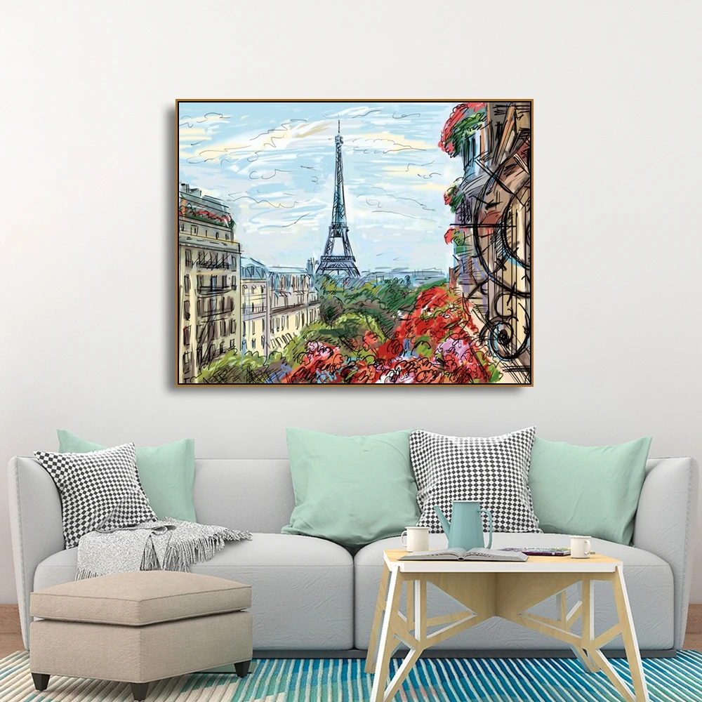 

Laeacco Canvas Calligraphy Painting Spring Paris Tower Posters and Prints Flower Wall Picture for Living Room Home Decoration