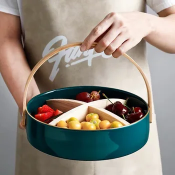 

Green snack divided try ceramic dried fruit serving with wood handle snack plate
