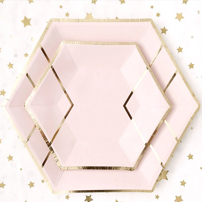 Розовые фольга золотые полосатые вечерние принадлежности одноразовые наборы посуды клетчатая бумага тарелки салфетки для стаканчиков для свадьбы Крещения Декор