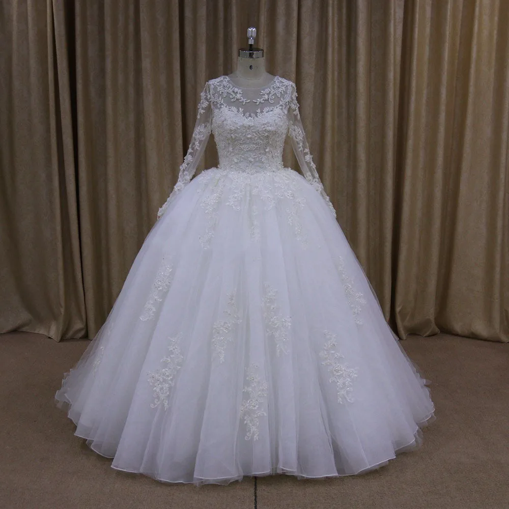 

Real Photo Vestidos de Noiva Sexy See-through Ball Gown Bridal Dress Long Sleeves Lace Wedding Dresses 2014 PW242