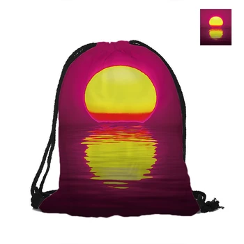 

Sea And Sunset Printing Drawstring Backpack Fashion Polyester Bags For Women Men Pouch Backpacks Travel School Used