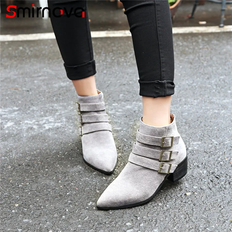 

Smirnova pointed toe 2020 sexy women boots zipper metal decoration ankle boots buckle square heel solid fashion boots