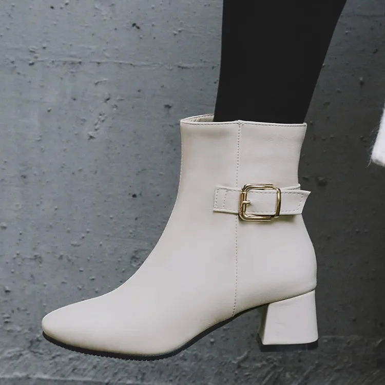 

Big Size 11 12 13 Ma'am Coarse heel Short boots Pure color Metal decoration boot barre High heel boots