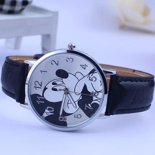 Модные наручные часы с рисунком Микки из мультфильма, Детские Кварцевые часы с кожаным ремешком для мальчиков и девочек