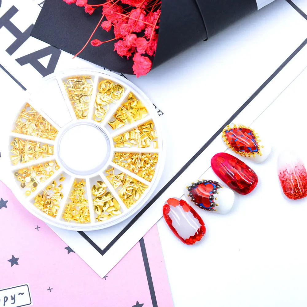 

Mixed Shape 3D Geometry Glitter Metal Rivet Nail Art Studs Manicure Accessory in Wheel