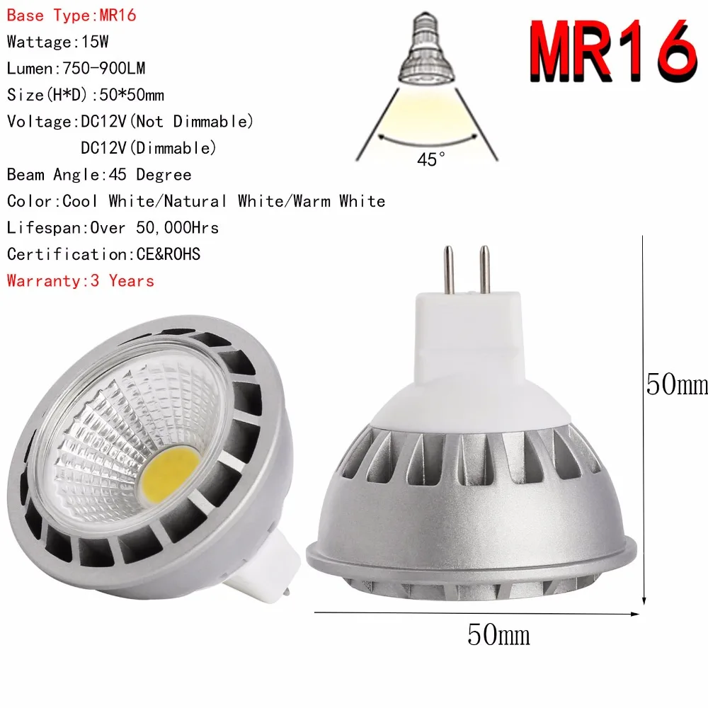 E27 GU10 MR16 светодиодный COB Точечный светильник Dimmable15W лампа ультра яркий свет