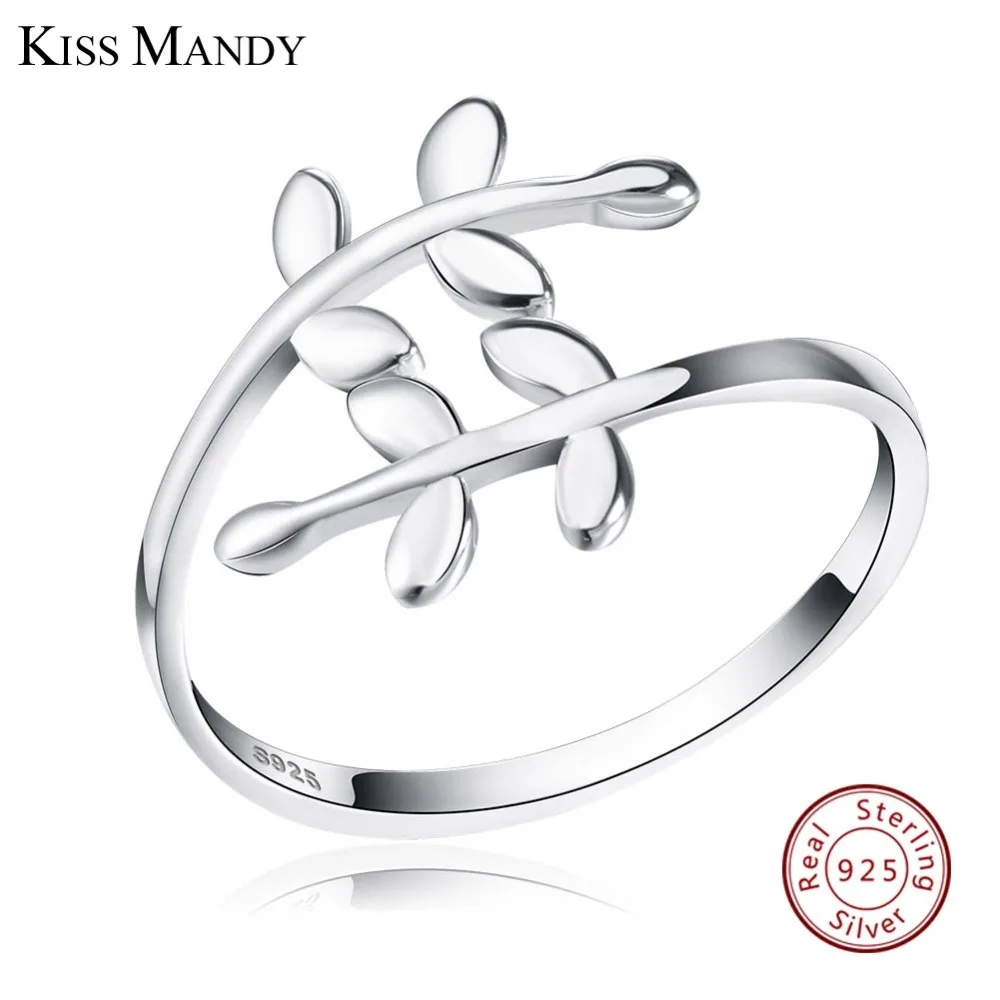 

KISS MANDY Cute Leave Design Solid 925 Sterling Silver Jewelry Adjustable Wedding Band Women Rings for Party KSR12