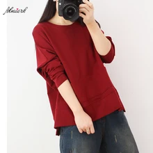Новая Женская весенне-осенняя футболка MS большого размера с длинными рукавами однотонная хлопковая модная свободная футболка с круглым воротником p082