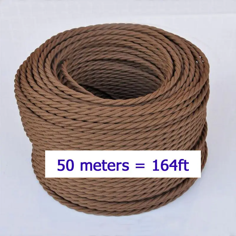 

Brown 50meters 164ft Retro Antique Braided Woven Fabric Lamp Cable Wire Cord Light Electric 2 cores 2*0.75mm