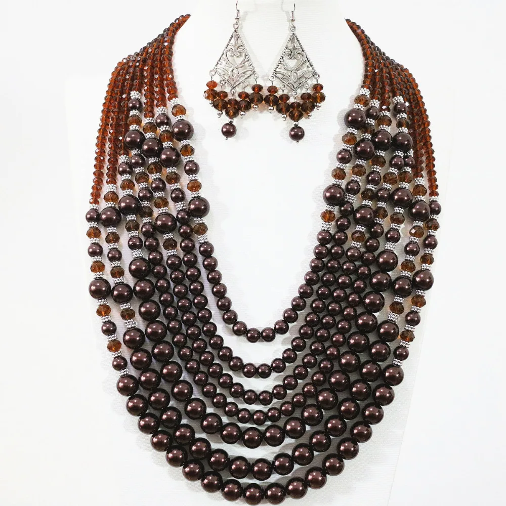 Sweat chololate round imitation shell pearl women fashion 7 rows necklace earrings charms gift jewelry set B1309