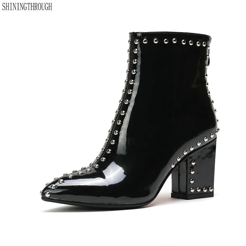 

Fashion Women high heels ankle boots patent leather rivets ladies motorcycle shoes woman poined toe autumn winter boots