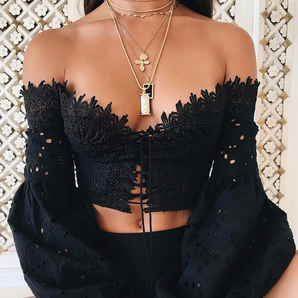 

Top Sexy Deep V Off Shoulder T Shirt Women Crop Tops 2018 Summer Lace Hollow Out Long Puff Sleeve White Nightclub Cropped Tees L