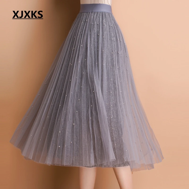 

XJXKS Women Skirts 2019 Summer New Mesh Thin Modis Beading Skirts Womens Elastic Waist Two-layer Mesh Solid Color Women Skirts