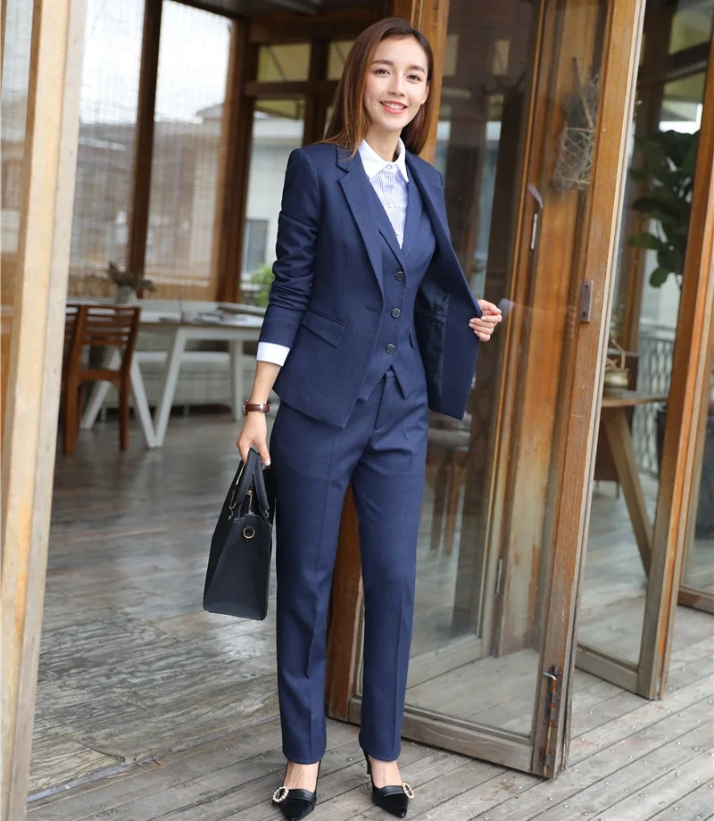 

High Quality Formal Women Business Suits 3 Piece Vest, Pant and Jacket Set Ladies Blue Blazer Office Uniform Style