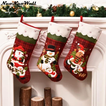 

New Year Socks Plaid Santa Claus Candy Gift Bag Christmas Stockings Santa Claus Snowman Xmas Tree Hanging Ornament