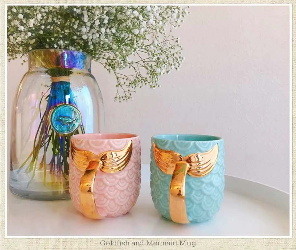 400ML Coffee Mug Travel Tea Cups And Mugs Ceramic Porcelain Creative Morning Mug Set Gold Mermaid Golden Handle Milk Mug For Kid (1)