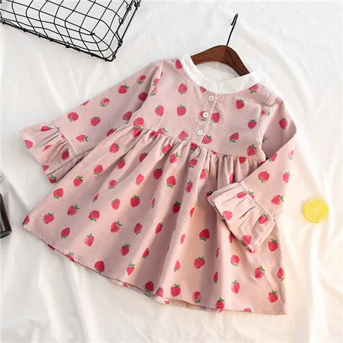 Fanfiluca Girls Dress 2018 Autumn Casual Style Girls Clothes Long Sleeve Strawberry Pattern Cotton Stand Collar Dress01