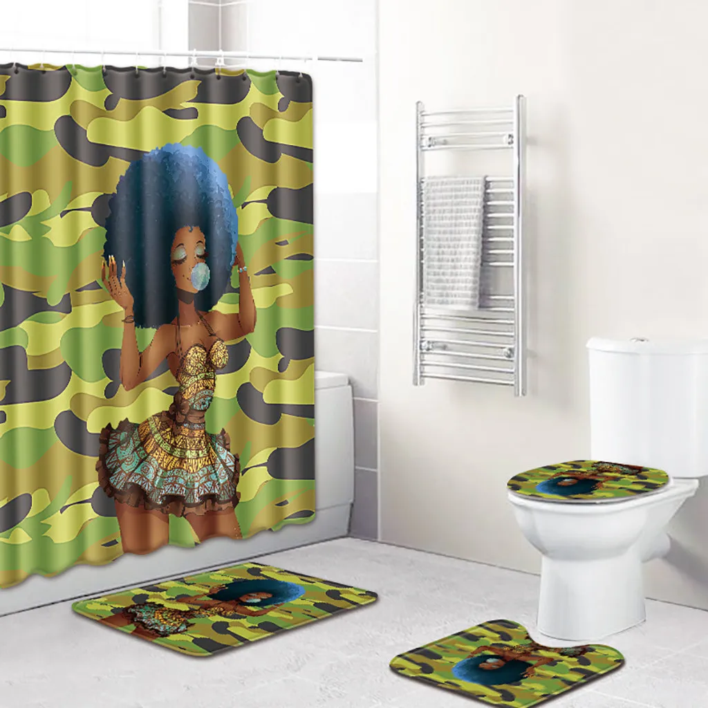 Ouneed 4PCS set Creative african girls prints Bathroom Shower Curtains set Non Slip pattern Toilet Shower curtains Cover Mat set