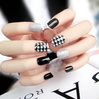 

DIY Short Size Design Nail Art Tips With Glue Sexy Houndstooth Pattern Silver Glitter Fake Nails Girls Simple Color False Nails