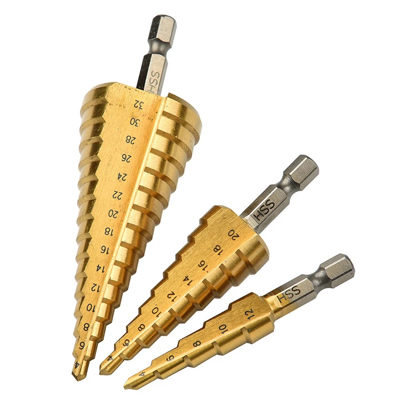 

3pc Step Drill Bit Hss Titanium Coated Step Cone Metal Hole Cutter 4-12/20/22/32mm Metal Hex Tapered Drill Power Tool Accessorie