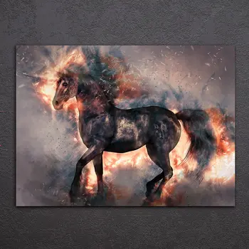 

Canvas HD Prints Pictures 1 Piece Blooming Flame Black Unicorn Paintings Home Wall Art Office Decor Animal Posters And Prints