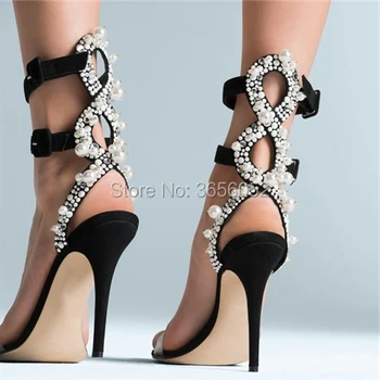 

Fashion Sexy Sandalias Tacon Ladies Summer Shoes Buckle Strap Stiletto High Heels Black Rhinestone Pearled Sandals Scarpe Donna