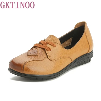 

GKTINOO Woman Genuine Leather shoes Spring Solid Flat shoes Fashion Women Flats Ballet Women shoes Soft Bottom Casual Loafers