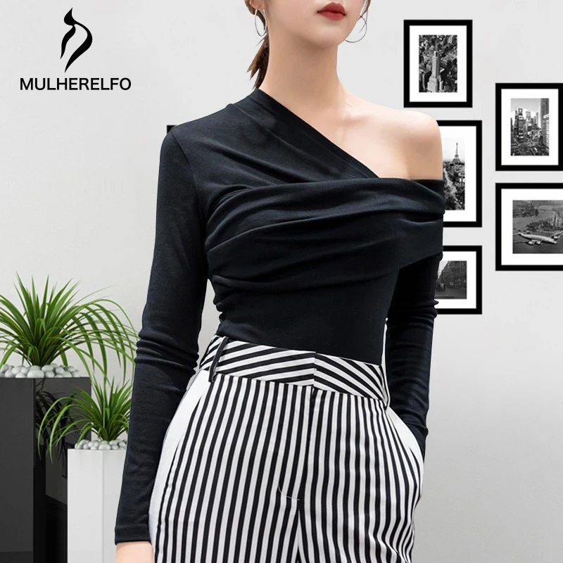

Spring Autumn Commuter T-shirt Solid Color Asymmetric Collar Off-shoulder Long-sleeved T-shirt Female Slim Women's Clothing