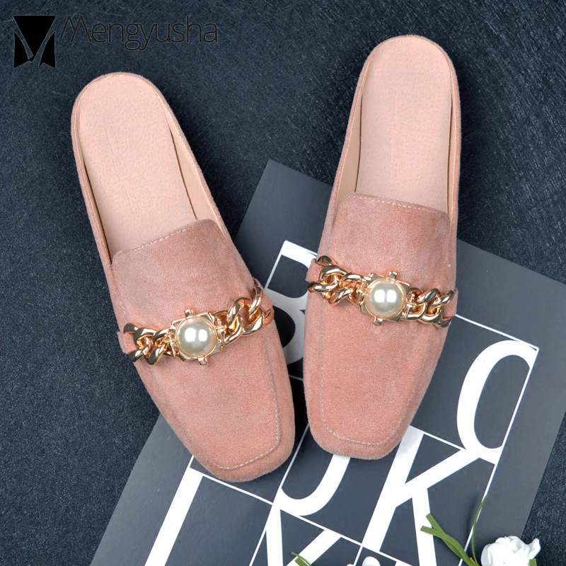 

glitter big pearl decoration babouche women summer metal chain mules shoes ladies velvet flip flops casual big size slippers