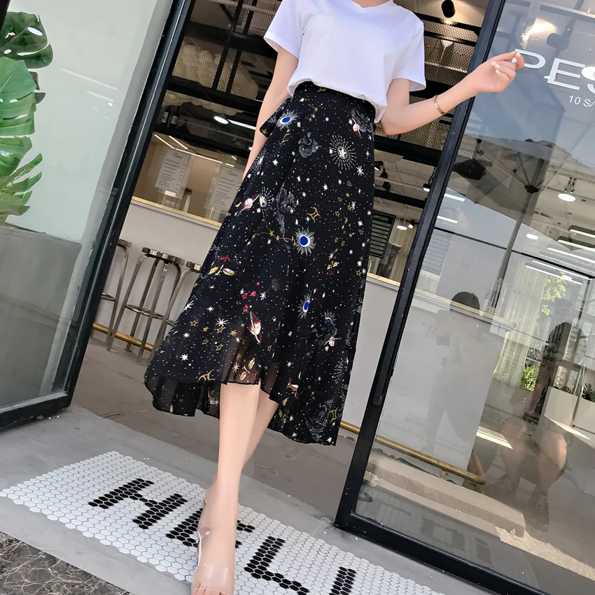 

Vacation Summer Skirts Female Beachwear Star Planet Printed Chiffon One Piece Lace Up Skirt Women 2019 Split Black Faldas Mujer