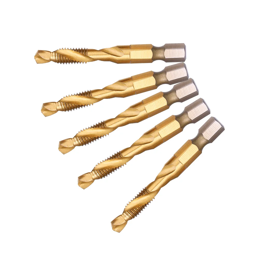 

6PCS/SET M3 - M10 Hex Shank Titanium Plated Screw Thread Drill Bits Set Compound Tap Metalworking Countersink Deburr Set