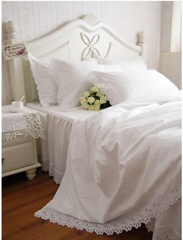 Европейский набор постельных принадлежностей белый выдалбливают Вышивка постельное белье принцесса пододеяльник хлопок сплошной рюшами Покрывало кружева кровать юбка