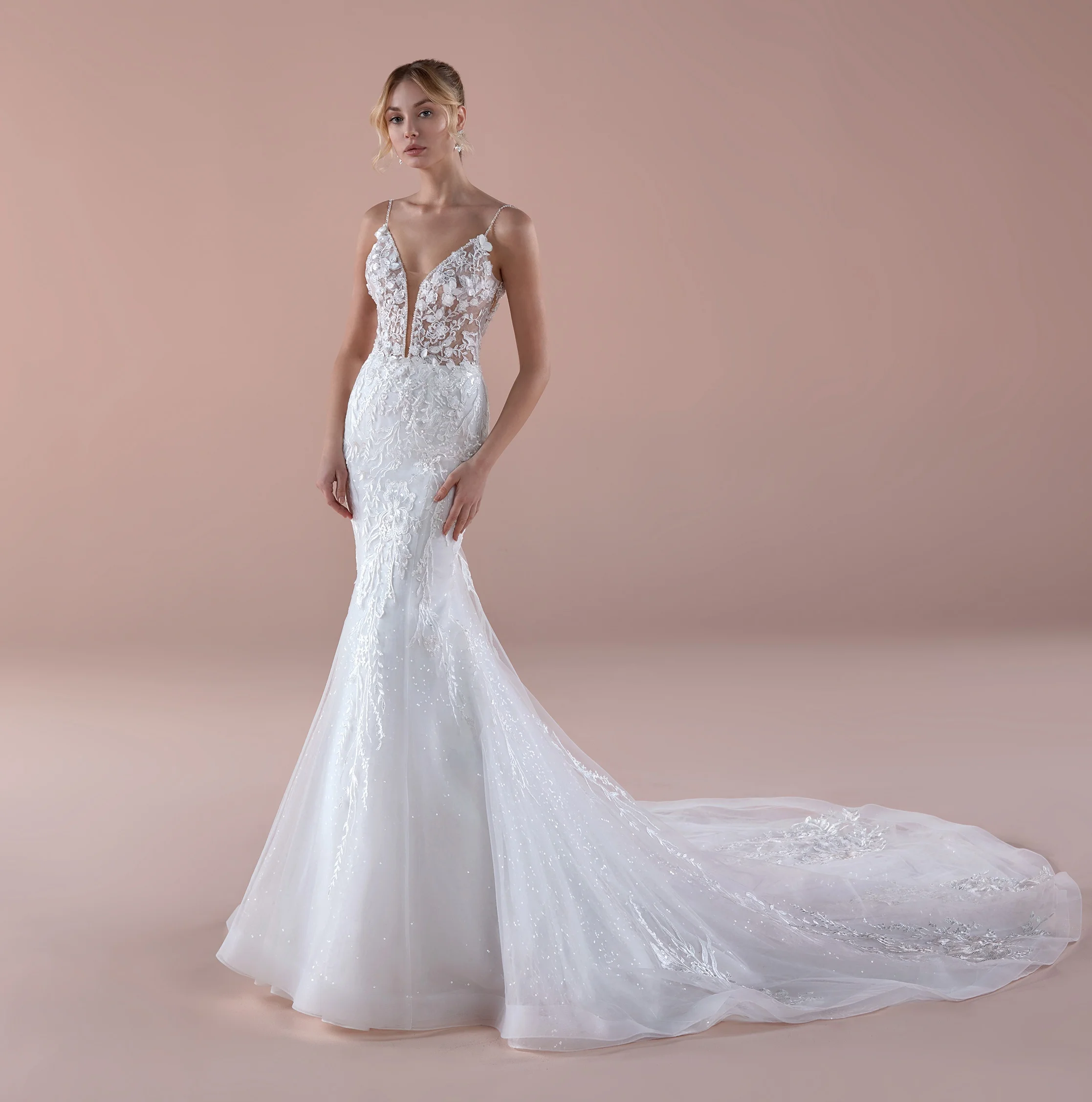 

2019 wedding dress with lace mermaid pearls deep V neck spaghetti straps V back zipper with button high qualtiy HA102