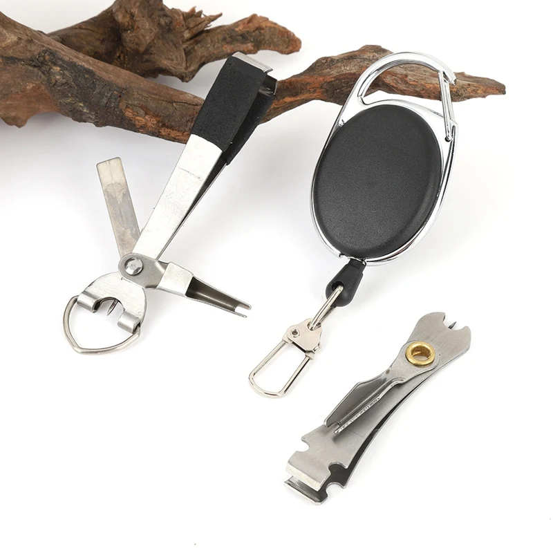 

3-in-1 Outdoor Fishing Knot Tying Tool Metal Multi-tool Nail Knotter Line Cutter Pliers Retractable Keychain Fishing Accessories