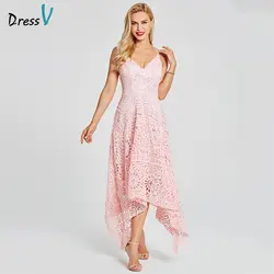 DressV розовый платье подружки невесты Спагетти Бретели для нижнего белья рукавов линии асимметрия Кружево пользовательские Наряды на