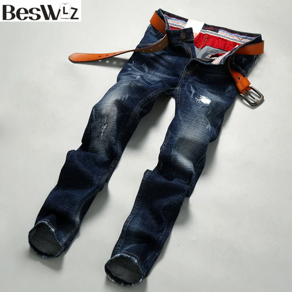 Beswlz Brand Men Hole Denim Jeans Straight Slim Male Cowboy Jeans Pants