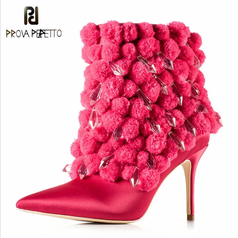 

Prova perfetto 2018 New Cute Pom Women Ankle Boots Pointed Toe Rhinestone Autumn Winter Botas Mujer Fashion Silk High Heel Shoes