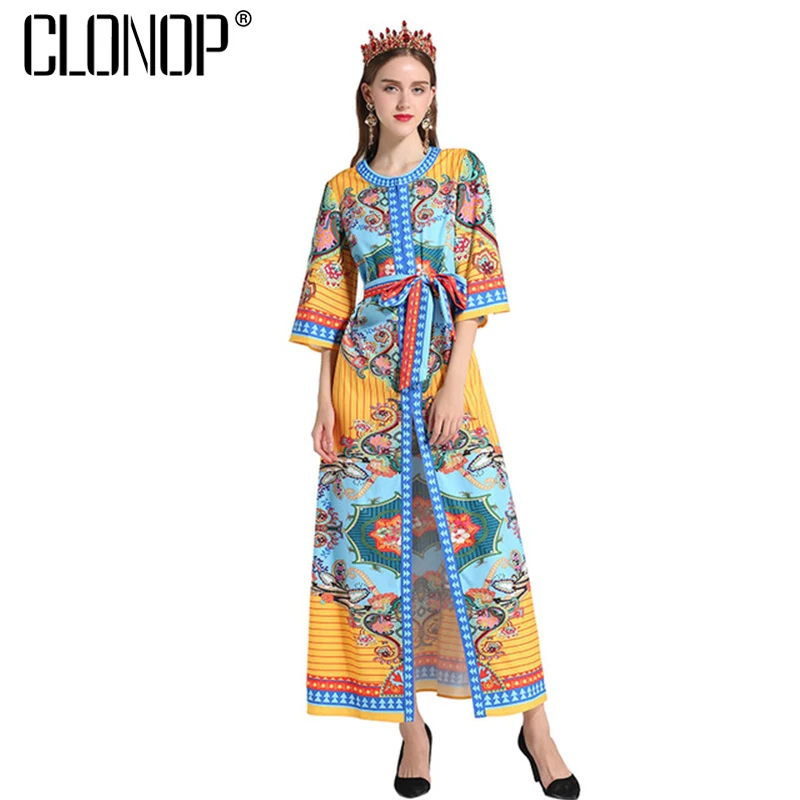 CLONOP Summer Women Maxi Dress 2018 Cardigans Vintage Print Half Sleeve ...