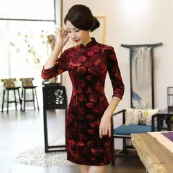 Шанхай история китайский стильное платье бархат Qipao платье Oriental стильное платье с рукавами 3/4 Cheongsam для женщин