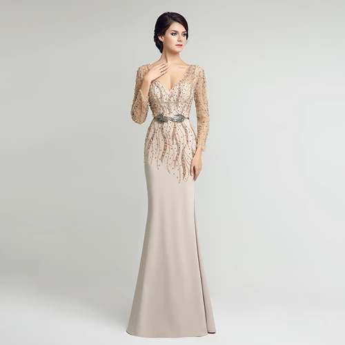 Элегантное Вечернее Платье Русалка телесного цвета с длинными рукавами для особых случаев платье с v-образным вырезом на молнии с открытой спиной торжественное платье LSX277 - Цвет: Nude