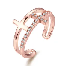 Fashion rose gold plated cross ring with CZ diamond jewelry opening Simple elegant style top quality global hot