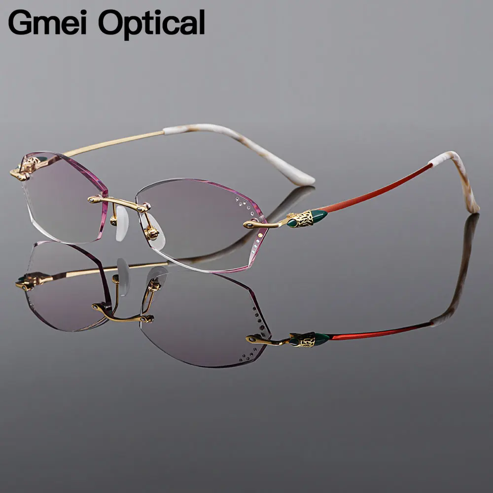 

Gmei Optical Fashion Pure Titanium Women Diamond Trimming Rimless Glasses Frame With Gradient Tinted Plano Lenses Q26018
