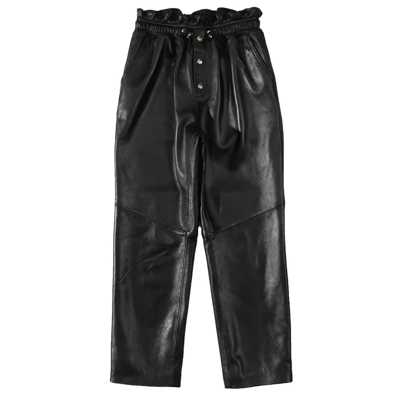 

Real leather elastic waist trousers 2019 autumn winters female sheep skin straight show thin streetwear high quality pants